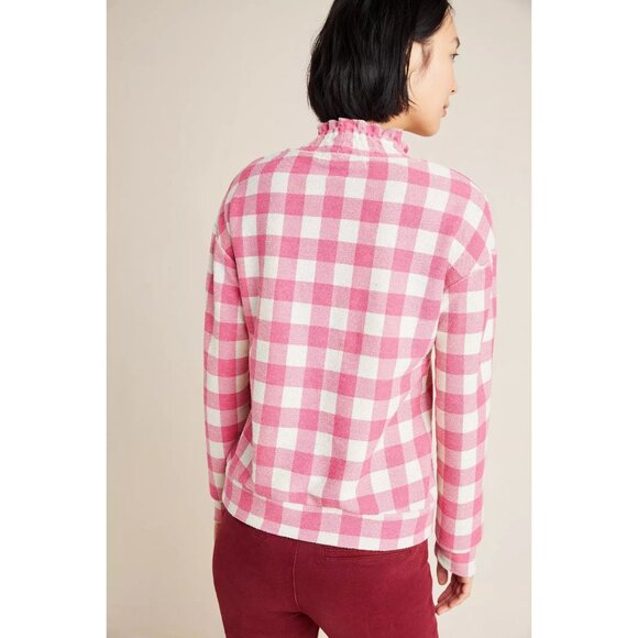Anthropologie Ruffled Gingham Long Sleeve Pink Cozy Sweatshirt Top Eva Franco - Picture 3 of 5